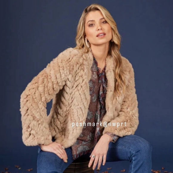 JOIE 🐰 Sela Rabbit Fur Jacket Coat Sweater Scarf Mushroom Beige XS - Picture 2 of 15